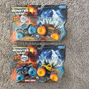 Monster Jam Split Fire & Ice 2 pack (2025). 1:64 scale die cast. Gravedigger